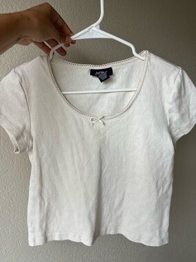 Cottagecore Coquette White Cotton Bow Pointelle Short Sleeve Crop Knit Top